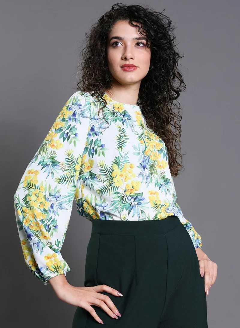 زجزاج Yellow Floral Elastic Sleeve Top